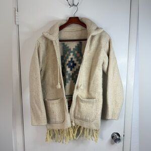 Vintage handmade heavy , thick wool, tie front cardigan Aztec, Southwestern M/L
